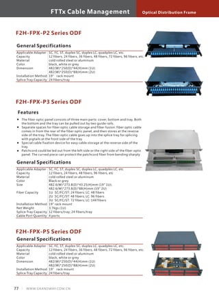 F2H-FPX-P2 Series ODF
General Specifications
Applicable Adapter
Capacity
Material
Color
Dimension
Installation Method
Splice Tray Capacity
SC, FC, ST, duplex SC, duplex LC, quadplex LC, etc.
12 fibers, 24 fibers, 36 fibers, 48 fibers, 72 fibers, 96 fibers, etc.
cold rolled steel or aluminum
black, white or grey
482(W)*250(D)*44(H)mm (1U)
482(W)*250(D)*88(H)mm (2U)
19” rack mount
24 fibers/tray
F2H-FPX-P5 Series ODF
General Specifications
Applicable Adapter
Capacity
Material
Color
Dimension
Installation Method
Splice Tray Capacity
SC, FC, ST, duplex SC, duplex LC, quadplex LC, etc.
12 fibers, 24 fibers, 36 fibers, 48 fibers, 72 fibers, 96 fibers, etc.
cold rolled steel or aluminum
black, white or grey
482(W)*250(D)*44(H)mm (1U)
482(W)*250(D)*88(H)mm (2U)
19” rack mount
24 fibers/tray
F2H-FPX-P3 Series ODF
General Specifications
Applicable Adapter
Capacity
Material
Color
Size
Fiber Capacity
Installation Method
Net Weight
Splice Tray Capacity
Cable Port Quantity
SC, FC, ST, duplex SC, duplex LC, quadplex LC, etc
12 fibers, 24 fibers, 48 fibers, 96 fibers, etc
cold rolled steel or aluminum
Black or grey
482.6(W)*273.8(D)*43.25(H)mm (19" 1U);
482.6(W)*273.8(D)*88(H)mm (19" 2U)
1U SC/FC/ST: 24 fibers; LC: 48 fibers
2U SC/FC/ST: 48 fibers; LC: 96 fibers
3U SC/FC/ST: 72 fibers; LC: 144 fibers
19" rack mount
3.7kgs (1U)
12 fibers/tray; 24 fibers/tray
4 ports
Features
The fiber optic panel consists of three main parts: cover, bottom and tray. Both
the bottom and the tray can be pulled out by two guide rails.
Separate spaces for fiber optic cable storage and fiber fusion: fiber optic cable
comes in from the rear of the fiber optic panel, and then stores at the reverse
side of the tray. The fiber optic cable goes up into the splice tray for splicing
with pigtails at the front side of the tray.
Special cable fixation device for easy cable storage at the reverse side of the
tray.
Patchcord could be led out from the left side or the right side of the fiber optic
panel. The curved piece can protect the patchcord fiber from bending sharply
77 WWW.GRANDWAY.COM.CN
Optical Distribution FrameFTTx Cable Management
 
