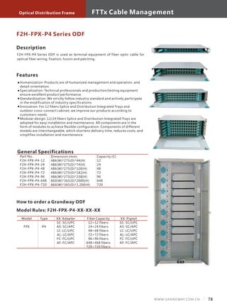 Description
F2H-FPX-P4 Series ODF is used as terminal equipment of fiber optic cable for
optical fiber wiring, fixation, fusion and patching.
Features
Humanization: Products are of humanized management and operation, and
detail-orientation.
Specialization: Technical professionals and production/testing equipment
ensure excellent product performance.
Standardization: We strictly follow industry standard and actively participate
in the modification of industry specifications.
Innovation: For 12 fibers Splice and Distribution Integrated Trays and
outdoor cross-connect cabinet, we improve our products according to
customers needs.
Modular design: 12/24 fibers Splice and Distribution Integrated Trays are
adopted for easy installation and maintenance. All components are in the
form of modules to achieve flexible configuration. Components of different
models are interchangeable, which shortens delivery time, reduces costs, and
simplifies installation and maintenance.
F2H-FPX-P4 Series ODF
General Specifications
How to order a Grandway ODF
Model Rules: F2H-FPX-P4-XX-XX-XX
Model
FPX
Type
P4
XX: Adapter
SC: SC/UPC
AS: SC/APC
LC: LC/UPC
AL: LC/APC
FC: FC/UPC
AF: FC/APC
Fiber Capacity
12=12 fibers
24=24 fibers
48=48 fibers
72=72 fibers
96=96 fibers
648=468 fibers
720=720 fibers
XX: Pigtail
SC: SC/UPC
AS: SC/APC
LC: LC/UPC
AL: LC/APC
FC: FC/UPC
AF: FC/APC
Optical Distribution Frame
78WWW.GRANDWAY.COM.CN
FTTx Cable Management
Part No.
F2H-FPX-P4-12
F2H-FPX-P4-24
F2H-FPX-P4-48
F2H-FPX-P4-72
F2H-FPX-P4-96
F2H-FPX-P4-648
F2H-FPX-P4-720
Dimension (mm)
486(W)*275(D)*44(H)
486(W)*275(D)*74(H)
486(W)*275(D)*128(H)
486(W)*275(D)*182(H)
486(W)*275(D)*238(H)
860(W)*365(D)*2000(H)
860(W)*365(D)*2,200(H)
Capacity (C)
12
24
48
72
96
648
720
 