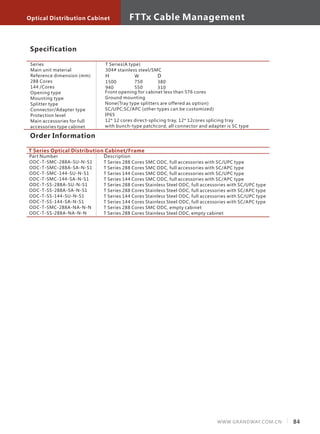 Optical Distribution Cabinet
84WWW.GRANDWAY.COM.CN
FTTx Cable Management
Specification
T Series Optical Distribution Cabinet/Frame
Series
Main unit material
Reference dimension (mm)
288 Cores
144 /Cores
Opening type
Mounting type
Splitter type
Connector/Adapter type
Protection level
Main accessories for full
accessories type cabinet
T Series(A type)
304# stainless steel/SMC
Part Number
ODC-T-SMC-288A-SU-N-S1
ODC-T-SMC-288A-SA-N-S1
ODC-T-SMC-144-SU-N-S1
ODC-T-SMC-144-SA-N-S1
ODC-T-SS-288A-SU-N-S1
ODC-T-SS-288A-SA-N-S1
ODC-T-SS-144-SU-N-S1
ODC-T-SS-144-SA-N-S1
ODC-T-SMC-288A-NA-N-N
ODC-T-SS-288A-NA-N-N
H
1500
940
W
750
550
D
380
310
Front opening for cabinet less than 576 cores
Ground mounting
None(Tray type splitters are offered as option)
SC/UPC;SC/APC (other types can be customized)
IP65
12* 12 cores direct-splicing tray, 12* 12cores splicing tray
with bunch-type patchcord, all connector and adapter is SC type
Order Information
Description
T Series 288 Cores SMC ODC, full accessories with SC/UPC type
T Series 288 Cores SMC ODC, full accessories with SC/APC type
T Series 144 Cores SMC ODC, full accessories with SC/UPC type
T Series 144 Cores SMC ODC, full accessories with SC/APC type
T Series 288 Cores Stainless Steel ODC, full accessories with SC/UPC type
T Series 288 Cores Stainless Steel ODC, full accessories with SC/APC type
T Series 144 Cores Stainless Steel ODC, full accessories with SC/UPC type
T Series 144 Cores Stainless Steel ODC, full accessories with SC/APC type
T Series 288 Cores SMC ODC, empty cabinet
T Series 288 Cores Stainless Steel ODC, empty cabinet
 