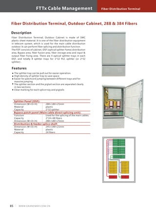 Fiber Distribution Terminal
85 WWW.GRANDWAY.COM.CN
FTTx Cable Management
Description
Fiber Distribution Terminal, Outdoor Cabinet is made of SMC
plastic sheet material. It is one of the fiber distribution equipment
in telecom system, which is used for the main cable distribution
outdoor. It can perform fiber splicing and distribution function.
The FDT consists of cabinet, OSF (optical splitter Fame) distribution
area, Bypass area, fiber fusion area, fiber storage area and input &
output fiber fixing area. There are 4 optical splitter trays in each
OSF, and totally 8 splitter trays for 1*32 PLC splitter (or 2*32
splitter) .
Features
The splitter tray can be pull out for easier operation.
High density of splitter tray to save space
Easier for patchcord jumping between different trays and for
massive jumping
The splitter section and the pigtail section are separated clearly
in two sections
Clear marking for each splice tray and pigtails
Fiber Distribution Terminal, Outdoor Cabinet, 288 & 384 Fibers
Splitter Panel (OSF):
Dimension (W×D×H)
Material
Capacity
288×180×25mm
plastic
2*32 splitter
Bypass patch panel (Main cable direct splicing unit):
Function
Capacity
Dimension (W×D×H)
Used for the splicing of the main cables
2*24=48 fibers
288×180×25mm
Distribution & feeder splice shelf:
Dimension (W×D×H)
Material
Capacity
245×190×21mm
plastic
24 fibers
 