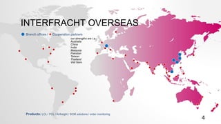 4
Branch offices / Cooperation partners
our strengths are i.a.:
Australia
China
India
Malaysia
Pakistan
Taiwan
Thailand
Viet Nam
INTERFRACHT OVERSEAS
Products: LCL / FCL / Airfreight / SCM solutions / order monitoring
 