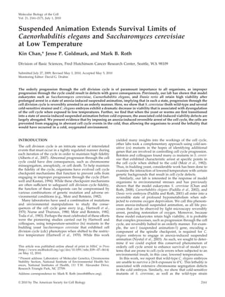 Molecular Biology of the Cell
Vol. 21, 2161–2171, July 1, 2010
Suspended Animation Extends Survival Limits of
Caenorhabditis elegans and Saccharomyces cerevisiae
at Low Temperature
Kin Chan,* Jesse P. Goldmark, and Mark B. Roth
Division of Basic Sciences, Fred Hutchinson Cancer Research Center, Seattle, WA 98109
Submitted July 27, 2009; Revised May 3, 2010; Accepted May 5, 2010
Monitoring Editor: David G. Drubin
The orderly progression through the cell division cycle is of paramount importance to all organisms, as improper
progression through the cycle could result in defects with grave consequences. Previously, our lab has shown that model
eukaryotes such as Saccharomyces cerevisiae, Caenorhabditis elegans, and Danio rerio all retain high viability after
prolonged arrest in a state of anoxia-induced suspended animation, implying that in such a state, progression through the
cell division cycle is reversibly arrested in an orderly manner. Here, we show that S. cerevisiae (both wild-type and several
cold-sensitive strains) and C. elegans embryos exhibit a dramatic decrease in viability that is associated with dysregulation
of the cell cycle when exposed to low temperatures. Further, we ﬁnd that when the yeast or worms are ﬁrst transitioned
into a state of anoxia-induced suspended animation before cold exposure, the associated cold-induced viability defects are
largely abrogated. We present evidence that by imposing an anoxia-induced reversible arrest of the cell cycle, the cells are
prevented from engaging in aberrant cell cycle events in the cold, thus allowing the organisms to avoid the lethality that
would have occurred in a cold, oxygenated environment.
INTRODUCTION
The cell division cycle is an intricate series of interrelated
events that must occur in a tightly regulated manner during
each iteration of the cycle in order to maintain high ﬁdelity
(Alberts et al., 2007). Abnormal progression through the cell
cycle could have dire consequences, such as chromosome
missegregation, aneuploidy, or cell death. To help maintain
the ﬁdelity of the cycle, organisms have evolved cell cycle
checkpoint mechanisms that function to prevent cells from
engaging in improper progression through the cycle (Hart-
well and Kastan, 1994). While these checkpoint mechanisms
are often sufﬁcient to safeguard cell division cycle ﬁdelity,
the function of these checkpoints can be compromised by
various combinations of genetic mutation and adverse en-
vironmental conditions (e.g., Moir and Botstein, 1982).
Many laboratories have used a combination of mutations
and environmental manipulations to study the conse-
quences of the cell cycle gone awry (e.g., Hartwell et al.,
1970; Nurse and Thuriaux, 1980; Moir and Botstein, 1982;
Toda et al., 1983). Perhaps the most celebrated of these efforts
were the pioneering studies carried out by Hartwell and
colleagues, using temperature-sensitive (ts) mutants in the
budding yeast Saccharomyces cerevisiae that exhibited cell
division cycle (cdc) phenotypes when shifted to the restric-
tive temperature (Hartwell et al., 1970). While this work
yielded many insights into the workings of the cell cycle,
other labs took a complementary approach using cold-sen-
sitive (cs) mutants in the hopes of identifying additional
genes that are involved in controlling cell cycle progression.
Botstein and colleagues found many cs mutants in S. cerevi-
siae that exhibited characteristic arrest at speciﬁc points in
the cell cycle when shifted to the cold (Moir et al., 1982).
Thus, in budding yeast, considerable work has been done to
examine the interaction of lowered temperature with certain
genetic backgrounds that result in cell cycle defects.
Similarly, our lab is interested in the response of model
organisms to environmental stresses and has previously
shown that the model eukaryotes S. cerevisiae (Chan and
Roth, 2008), Caenorhabditis elegans (Padilla et al., 2002), and
Danio rerio embryos (Padilla and Roth, 2001) all enter into a
reversible state of profound hypometabolism when sub-
jected to extreme oxygen deprivation. We call this phenom-
enon anoxia-induced suspended animation, as all life pro-
cesses that can be observed by light microscopy reversibly
arrest, pending restoration of oxygen. Moreover, because
these model eukaryotes retain high viability, it is probable
that complex processes, such as progression through the cell
cycle, are reversibly halted in an orderly manner. For exam-
ple, the san-1 (suspended animation-1) gene, encoding a
component of the spindle checkpoint, is required for C.
elegans embryos to engage in anoxia-induced suspended
animation (Nystul et al., 2003). As such, we sought to deter-
mine if we could exploit this conserved phenomenon of
orderly cell cycle arrest to enhance survival of model sys-
tems that are prone to cell cycle errors when subjected to an
environmental insult, in this case, lowered temperatures.
In this work, we report that wild-type C. elegans embryos
are unable to survive a 24-h exposure to 4°C. This lethality is
associated with extensive chromosome segregation defects
in the cold embryos. Similarly, we show that cold-sensitive
mutants of S. cerevisiae, as well as the wild-type strain
This article was published online ahead of print in MBoC in Press
(http://www.molbiolcell.org/cgi/doi/10.1091/mbc.E09–07–0614)
on May 12, 2010.
* Present address: Laboratory of Molecular Genetics, Chromosome
Stability Section, National Institute of Environmental Health Sci-
ences, National Institutes of Health, 111 T.W. Alexander Drive,
Research Triangle Park, NC 27709.
Address correspondence to: Mark B. Roth (mroth@fhcrc.org).
© 2010 by The American Society for Cell Biology 2161
 