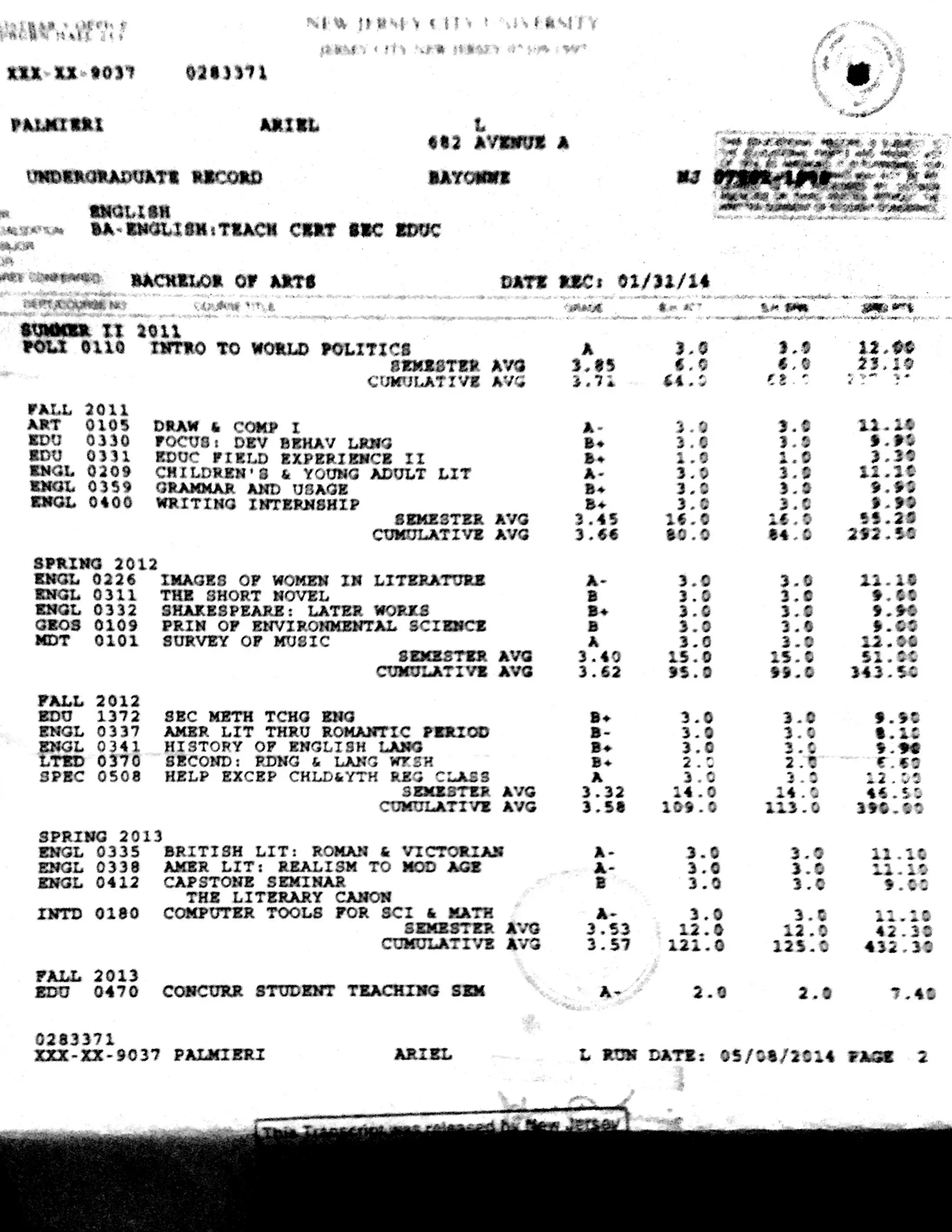 NJCU transcript | PDF
