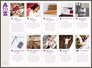 Our initial consultation takes
place on site and will last as
long as is necessary to address
everything to your satisfaction.
We immerse ourselves in your
space. Working with you to get
ideas for styling, mood, colours
and fabrics for the project.
We’ll evaluate the room in
detail, including furniture or
ﬁttings you’d like to keep and
incorporate them into the new
design.
With 15 years experience, our
professional ﬁtting team will
take accurate on-site
measurements. We will
examine your unique
environment and advise on
any technical issues.
Collaborating with you, our
interior designers will help
you realise your ideas and
bring a fresh perspective to
the table.
With mood boards, image
packs and more we bring our
design schemes to life and
generate further creative
interaction.
We outline in exact detail a
quote for producing the
design ensuring that you have
complete understanding of
the process and budget
sign-off.
Safety is paramount in a
public or commerical space.
We make sure that the fabrics
we source are ﬂame-resistant
to comply with Europen Fire
Retardant standards.
We manufacture in-house,
allowing complete control of
the quality and timeframe for
your project. Our skilled
seamstresses ensure all
curtains are custom made and
quality checked.
Whether it’s curtains, sheers
or blinds in bay windows,
double height ceilings, or
conservatories, our ﬁtting
team will hang them to
perfection.
We review each project with
our clients and welcome their
feedback. It’s one of the
reasons we’re in business over
25 years and have ongoing
relationships with our clients.
1
A
to
Z
2 3 4 5
6 7 8 9 10
Initial
Consultation
Room
Evaluation
Custom
Measurement
Idea Generation Mood board
Visualisation
Recommendations
& Costing
Fabric Selection
& Sourcing
Make up &
Manufacture
Professional
Fit Out
Project Review
 