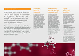 OUR FORMULA FOR SUCCESS +
SRG is trusted and respected by many
organisations, ranging from the world’s
leading pharmaceutical companies
through to spin-out biotech firms, to
recruit the talent and expertise they
need to grow their business.
We have a tried and tested formula at SRG. We
continually strive for excellence in everything we do,
from attracting the best people in the industries we
serve, getting close to our clients so we understand
their individual and specific needs, then applying
our industry expertise and knowledge. This formula
works time and time again.
Local and
regional
resources
By investing in a network of
offices across the UK and
Europe we have developed a
deep knowledge of our local
markets. This enables us to
deliver an outstanding service
to candidates and clients by
sharing our insight into the
local employment climate.
Our regional presence mirrors
industry clusters and we work
in close collaboration with
membership bodies, such
as One Nucleus, BioNow
and OBN.
National and
volume account
management
SRG’s ability to manage
high volume temporary
and permanent recruitment
campaigns across multiple
locations and countries is
unrivalled. Our strategic
recruitment programmes for
large global corporations are
delivered at an expert-to-expert
level. Companies engaged on
a managed service programme
are allocated a dedicated
client relationship manager to
oversee day-to-day delivery
and service at the operational
level, providing a single point of
contact to the hiring community.
Strategic relationships are
managed by SRG’s senior
management team and
directors.
Expert
managed
services
We deliver multiple managed
recruitment solutions for
global organisations such as
Pfizer, MedImmune, Philips
and Syngenta, with each and
every solution tailored to the
needs of the different industries
and sectors. Our expert, cost-
effective and flexible solutions
can include:
+ Full recruitment process
outsourcing (RPO)
+ Managed service programmes
(MSP) for temporary and
contract workforce or permanent
recruitment campaigns
+ Human resource management
+ Bespoke talent attraction
initiatives
+ Supply chain management
Our consultative approach helps
us identify the best solution for
you. It is one of the reasons why
100% of our customers say they
would recommend us to another
organisation.
 
