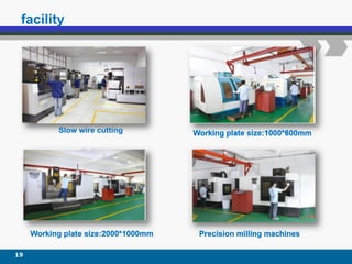 facility
19
Working plate size:1000*600mm
Working plate size:2000*1000mm Precision milling machines
Slow wire cutting
 