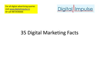 For all digital advertising queries
visit www.digitalimpulse.in
Or call 9873436666




                  35 Digital Marketing Facts
 