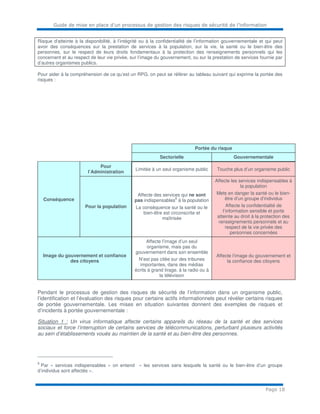 Guide de mise en place d’un processus de gestion des risques de sécurité de l’information
Page 18
Risque d'atteinte à la disponibilité, à l’intégrité ou à la confidentialité de l’information gouvernementale et qui peut
avoir des conséquences sur la prestation de services à la population, sur la vie, la santé ou le bien-être des
personnes, sur le respect de leurs droits fondamentaux à la protection des renseignements personnels qui les
concernent et au respect de leur vie privée, sur l’image du gouvernement, ou sur la prestation de services fournie par
d’autres organismes publics.
Pour aider à la compréhension de ce qu’est un RPG, on peut se référer au tableau suivant qui exprime la portée des
risques :
Portée du risque
Sectorielle Gouvernementale
Conséquence
Pour
l’Administration
Limitée à un seul organisme public Touche plus d’un organisme public
Pour la population
Affecte des services qui ne sont
pas indispensables
8
à la population
La conséquence sur la santé ou le
bien-être est circonscrite et
maîtrisée
Affecte les services indispensables à
la population
Mets en danger la santé ou le bien-
être d’un groupe d’individus
Affecte la confidentialité de
l’information sensible et porte
atteinte au droit à la protection des
renseignements personnels et au
respect de la vie privée des
personnes concernées
Image du gouvernement et confiance
des citoyens
Affecte l’image d’un seul
organisme, mais pas du
gouvernement dans son ensemble
N’est pas citée sur des tribunes
importantes, dans des médias
écrits à grand tirage, à la radio ou à
la télévision
Affecte l’image du gouvernement et
la confiance des citoyens
Pendant le processus de gestion des risques de sécurité de l’information dans un organisme public,
l’identification et l’évaluation des risques pour certains actifs informationnels peut révéler certains risques
de portée gouvernementale. Les mises en situation suivantes donnent des exemples de risques et
d’incidents à portée gouvernementale :
Situation 1 : Un virus informatique affecte certains appareils du réseau de la santé et des services
sociaux et force l’interruption de certains services de télécommunications, perturbant plusieurs activités
au sein d’établissements voués au maintien de la santé et au bien-être des personnes.
8
Par « services indispensables » on entend « les services sans lesquels la santé ou le bien-être d’un groupe
d’individus sont affectés ».
 