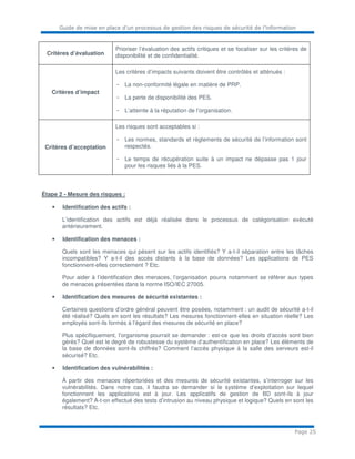 Guide de mise en place d’un processus de gestion des risques de sécurité de l’information
Page 25
Critères d’évaluation
Prioriser l’évaluation des actifs critiques et se focaliser sur les critères de
disponibilité et de confidentialité.
Critères d’impact
Les critères d’impacts suivants doivent être contrôlés et atténués :
- La non-conformité légale en matière de PRP.
- La perte de disponibilité des PES.
- L’atteinte à la réputation de l’organisation.
Critères d’acceptation
Les risques sont acceptables si :
- Les normes, standards et règlements de sécurité de l’information sont
respectés.
- Le temps de récupération suite à un impact ne dépasse pas 1 jour
pour les risques liés à la PES.
Étape 2 - Mesure des risques :
• Identification des actifs :
L’identification des actifs est déjà réalisée dans le processus de catégorisation exécuté
antérieurement.
• Identification des menaces :
Quels sont les menaces qui pèsent sur les actifs identifiés? Y a-t-il séparation entre les tâches
incompatibles? Y a-t-il des accès distants à la base de données? Les applications de PES
fonctionnent-elles correctement ? Etc.
Pour aider à l’identification des menaces, l’organisation pourra notamment se référer aux types
de menaces présentées dans la norme ISO/IEC 27005.
• Identification des mesures de sécurité existantes :
Certaines questions d’ordre général peuvent être posées, notamment : un audit de sécurité a-t-il
été réalisé? Quels en sont les résultats? Les mesures fonctionnent-elles en situation réelle? Les
employés sont-ils formés à l’égard des mesures de sécurité en place?
Plus spécifiquement, l’organisme pourrait se demander : est-ce que les droits d’accès sont bien
gérés? Quel est le degré de robustesse du système d’authentification en place? Les éléments de
la base de données sont-ils chiffrés? Comment l’accès physique à la salle des serveurs est-il
sécurisé? Etc.
• Identification des vulnérabilités :
À partir des menaces répertoriées et des mesures de sécurité existantes, s’interroger sur les
vulnérabilités. Dans notre cas, il faudra se demander si le système d’exploitation sur lequel
fonctionnent les applications est à jour. Les applicatifs de gestion de BD sont-ils à jour
également? A-t-on effectué des tests d’intrusion au niveau physique et logique? Quels en sont les
résultats? Etc.
 