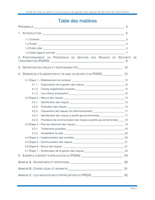 Guide de mise en place d’un processus de gestion des risques de sécurité de l’information
Page 1
Table des matières
PRÉAMBULE _____________________________________________________ 4
1. INTRODUCTION ________________________________________________ 5
1.1.Contexte _____________________________________________________________ 5
1.2.Portée _______________________________________________________________ 6
1.3.Public cible ___________________________________________________________ 6
1.4.Cadre légal et normatif __________________________________________________ 7
2. POSITIONNEMENT DU PROCESSUS DE GESTION DES RISQUES DE SÉCURITÉ DE
L’INFORMATION (PGRSI) ___________________________________________ 8
3. DÉFINITION DES RÔLES ET RESPONSABILITÉS__________________________ 10
4. DÉMARCHE D’ÉLABORATION ET DE MISE EN ŒUVRE D’UN PGRSI____________ 12
4.1.Étape 1 – Établissement du contexte ______________________________________ 12
4.1.1. Organisation de la gestion des risques ____________________________ 12
4.1.2. Champ d’application et portée ___________________________________ 12
4.1.3. Les critères d’évaluation________________________________________ 12
4.2.Étape 2 – Mesure des risques ___________________________________________ 13
4.2.1. Identification des risques _______________________________________ 13
4.2.2. Évaluation des risques _________________________________________ 16
4.2.3. Classement des risques (ré ordonnancement) ______________________ 17
4.2.4. Identification des risques à portée gouvernementale__________________ 17
4.2.5. Procédure de communication des risques à portée gouvernementale ____ 19
4.3.Étape 3 – Plan de traitement des risques ___________________________________ 19
4.3.1. Traitements possibles__________________________________________ 19
4.3.2. Acceptation du plan ___________________________________________ 20
4.4.Étape 4 – Implémentation des contrôles____________________________________ 20
4.5.Étape 5 – Communication des risques _____________________________________ 21
4.6.Étape 6 – Revue des risques ____________________________________________ 21
4.7.Étape 7 – Amélioration de la gestion des risques_____________________________ 22
5. EXEMPLE CONCRET D’APPLICATION DU PGRSI ________________________ 23
ANNEXE A - ACRONYMES ET DÉFINITIONS _______________________________ 29
ANNEXE B - CADRE LÉGAL ET NORMATIF________________________________ 31
ANNEXE C - LES INDICATEURS D’APPRÉCIATION DU PRGSI __________________ 32
 