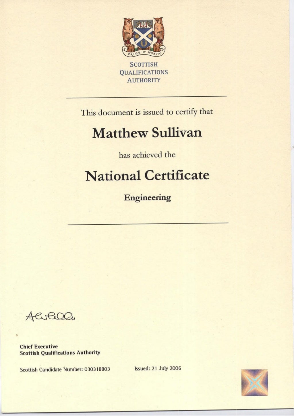 Matt Sullivan Academic Certs