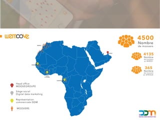 MARKETINGDIGITAL DATA
4500
Nombre
de moovers
4135
Nombre
de moovers
au MAROC
365
Nombre
de moovers
en AFRIQUE
SÉNÉGAL
MAROC
DUBAI
CÔTE
D’IVOIRE
GABON
Head ofﬁce
MOOVEGROUPE
Siège social
Digital data marketing
Représentation
commerciale DDM
MOOVERS
 
