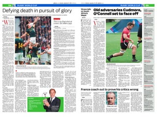Gulf News | Saturday, September 19, 2015 | gulfnews.comgulfnews.com | Saturday, September 19, 2015 | Gulf News
C5C4 RUGBY WORLD CUP RUGBY WORLD CUP
Defying death in pursuit of glory
SOUTH AFRICA FLANKER BURGER REFLECTS ON HIS RECOVERY FROM LIFE-THREATENING ILLNESS
ABU DHABI
‘W
hen the pres-
sure is on and
our backs are
to the wall,
more often
than not South Africans will
deliver.”
South Africa flanker Schalk
Burger’s rousing words about
the Springboks’ warrior spirit
in adversity might as well have
been a reference to his own he-
roic comeback from the cusp of
oblivion.
For, in June 2013, Burger
faced a battle even more fe-
rocious than that of the 2007
World Cup final he won with
his country — he was fighting
for his life.
After experiencing spasms in
his left calf while preparing for
the Super Rugby season, a back
scan revealed a cyst impacting
on the nerve next to his spinal
cord.
An operation followed, but
complications ensued when a
hospital bug resulted in Burger
contracting bacterial meningi-
tis.
His condition worsened to
the extent that he was put in in-
tensive care and death stalked
him relentlessly as he lost 30
kilograms from his gigantic 6ft
4in, 120kg frame.
In an interview with Gulf
News ahead of the Rugby World
Cup, which started yesterday,
Burger said: “There was a criti-
cal stage for nearly five days in
which there was a lot of uncer-
tainty. I was in isolation and I
was seriously ill. So ill, in fact,
that some people around me
thought ‘this is it’.”
His situation was so criti-
cal that Burger’s parents were
called to the hospital to bid
their farewells.
“I was on my way out,”
Burger, who played a key part
in South Africa’s 2007 World
Cup triumph in France and
2009 Test series victory over
the British and Irish Lions, add-
ed. “I was conscious of it. But I
was literally just fighting from
heartbeat to heartbeat. And
every heartbeat felt like a knife
stabbing in my brain.
“Sometimes I felt like just
stopping, but I could literally
feel myself then slipping and
would have to fight again. I saw
it as a fight that I had to win.
“At that stage, there was a
lot of confusion, and I think a
lot of my motivation to survive
was driven by anger. I was also
newly married and my young-
est son [Nicol] was six months
old, so that gives you added
motivation to fight and battle
through.”
Force of will
Through sheer force of will,
Burger miraculously survived,
after six weeks in hospital and
a further eight recovering at
home.
Unsurprisingly, rugby at this
stage “wasn’t an option”, the
32-year-old said.
But, as his rehabilitation
progressed, his lifelong passion
soon became a central focus
and driving force.
Convincing his wife Michele
that he was fit to return to
competitive action was not a
straightforward matter, how-
ever.
Burger said: “I put her under
a lot of pressure. We had just
married and had a six-month-
old baby. I nearly passed away
on her, so it was a big thing for
her to get over that big mental
hurdle for her and her family.
“I convinced her, as hus-
bands always do, and thank-
fully she said ‘yes’ and it’s good
to be back playing rugby.”
The indomitable Burger
made his remarkable return for
club side Western Province in
late September 2013 and, sev-
en months later, he played his
100th game for his Super Rugby
outfit the DHL Stormers.
Then, even more momen-
tously in June 2014, he was
named in the South Africa
squad for the Tests against
Wales and Scotland.
These were the two-time
South Africa player of the year’s
first appearances for his coun-
try since the 2011 World Cup.
It’s not surprising, therefore,
that with his career approach-
ing its end and in view of his
tribulations, Burger is deter-
mined to savour every cap for
his country.
Burger, who in April won the
Comeback of the Year award at
sport’s equivalent of the Os-
cars, the Laureus World Sports
Awards in Shanghai, China,
said: “I have a different per-
spective on rugby now than,
say, when I was 28 years old,
and I am really enjoying it. This
will probably be the last one
[World Cup] I will play at.”
With its stratospheric lev-
els of passion for rugby only
matched by New Zealand,
South Africa face immense ex-
pectation from their demand-
ing public to deliver a third
global success after 1995 and
2007.
Rising to the occasion
Burger is confident he and
his teammates can rise to the
occasion again. The Springboks
are expected to top Pool B ahead
of Scotland, Samoa, Japan and
the United States ahead of the
knockout phase, where they
traditionally thrive.
The 2004 International
Rugby Board (IRB) player of
the year, whose team get their
2015 RWC campaign under way
against Japan today, said: “Un-
der pressure when we have to
deliver, we do deliver. The 2007
World Cup is a prime example.
“We weren’t playing too
well, but we put our minds to it
that we were going to win the
World Cup.
“When the pressure is on and
our backs are to the wall, more
often than not South Africans
will deliver. Rugby is in our cul-
ture. We’re a rugby-playing na-
tion and a lot of women under-
stand rugby better than I do.”
South Africa’s game is
primarily built on hulk-
ing forwards such as Burger
securing territory and a met-
ronomic goal-kicker punish-
ing opponents’ indiscretions,
but the blonde-locked enforcer
says they have become more
versatile in recent years.
The South Africa powerhouse
said: “Obviously we know what
our strengths are. We’re all big
blokes and we play a pretty con-
frontational style of rugby, but I
think over the years we have re-
fined that and got better.”
With several survivors of the
2007 triumph in their ranks,
such as lock Victor Matfield and
winger Bryan Habana, Burger
says South Africa’s experience
and shrewd game management
under the cosh will be vital.
He said: “The real acid
test comes from the knock-
out games. To be honest, the
knockout games I’ve been in-
volved in, pretty much it’s the
result that matters.
Thriving under pressure
“Some quarter-finals have
been magnificent, with one
team being under pressure and
having to fight their way back
out of it. But preferably when
you get to a knockout game,
you want to be in control of it.”
Burger said there are “plenty
of challengers” for this year’s
“pretty open” tournament,
which he believes defending
champions New Zealand enter
as favourites.
However, England’s home
advantage could be of “mas-
sive” importance in this year’s
event, he added.
Burger, who has scored 14
tries in 79 appearances for
South Africa since his debut in
2003, said: “I think they have
to use it. At the recent cricket
World Cup [in February and
March], look at how New Zea-
land used it to their advantage.
“It wasn’t at all a negative.
They played all the games ex-
cept the final at home and they
were absolutely dominant.
“England, if they can take a
leaf out of that book and ride
that wave, you end up playing
above yourself.”
Stuart Lancaster’s men
would do well to listen to Burg-
er’s salutary advice, given that
he has already conquered the
world once and his greatest op-
ponent — his own body.
By Euan Reedie
ChiefSportsWriter,AbuDhabi
ABU DHABI
I
njury-ridden South Africa captain Jean De Villiers has
pledged his side will “never give up” as he eyes his “final
shot” at World Cup glory.
De Villiers is the living embodiment of a never-say-die
attitude, having bounced back from having three successive
World Cups cruelly blighted by physical ordeals.
In 2003, he injured his shoulder in a final warm-up game,
forcing him to miss the entire tournament in Australia.
Four years after his 2003 heartache, the centre’s injury
curse struck again when a torn bicep in the Springboks’
opening game against Samoa ruled him out of his side’s
eventual 2007 World Cup triumph.
Then, four years ago, the ill-fated De Villiers was a frus-
trated onlooker as South Africa crashed out in the quarter-
finals in New Zealand after popping a rib in the group open-
er with Wales.
A fractured jaw in the Springboks’ 37-25 defeat to Argen-
tina in the Rugby Championship threatened to rule him out
of 2015 World Cup contention, but the remarkably resilient
De Villiers has recovered once again.
Not giving up
Speaking in Johannesburg before his team left for the
tournament that began in England yesterday, the 34-year-
old said: “We will never give up.”
Expanding on this rallying cry in an exclusive interview
with Gulf News, he added: “This is my final shot at playing
at a World Cup. Just getting back on to a rugby field was a
massive driving force.
“I am hoping to finish off my career on a high and be part
of this one.”
Also spurring De Villiers on is his profound love of the
Springboks jersey and voracious desire to help unite a coun-
try riven by apartheid between 1948 and 1994.
“I am living my dream,” he said, in his role as an ambas-
sador for this year’s Laureus World Sports Awards, which
took place in April.
“Once you play for the Springboks, you actually realise
what it means to the country. Rugby has played an integral
part in the development of South Africa, the unifying of the
nation.
“It’s become a tool where it brings people together and
gives them a common goal, where people can be part of
what the Springboks stand for.”
This is my final shot at
crown, De Villiers says
By Euan Reedie
Chief Sports Writer — Abu Dhabi
GOING FOR IT
FACTFILE
■■ Full name: Schalk Willem Petrus
Burger Junior
■■ Date of birth: April 13, 1983 (Age 32)
■■ Place of birth: Port Elizabeth, South
Africa
■■ Height: 1.93m (6ft 4in)
■■ Weight: 114kg (17st 13lb)
■■ Caps: 79
■■ Points: 70
Rex features
‘I was on my way out’
■■ South Africa’s Schalk Burger competes with England’s Courtney Lawes at the lineout
during a match at Twickenham in London last year. This was after he miraculously survived a
life-threatening illness, spending six weeks in hospital and a further eight recovering at home.
●
Burger is confident he and his teammates can
rise to the occasion again. The Springboks are
expected to top Pool B ahead of Scotland, Sa-
moa, Japan and the United States ahead of the
knockout phase, where they traditionally thrive.
Back to front
Schalk Burger with his
Comeback of the Year
award at the 2015 Laureus
World Sports Awards.
Rex Features
France coach out to prove his critics wrong
LONDON
P
hilippe Saint-Andre has just
weeks remaining as France
rugby coach, but he hopes
the moment he can say ‘I told
you so’ to his many critics is im-
minent as they embark on their
World Cup campaign against
Italy today.
The 48-year-old former Les
Bleus captain believes he can
mount a serious challenge to
land France their first World Cup
and sends his troops into battle
at Twickenham against an Italy
side deprived of their one world
class player, inspirational captain
Sergio Parisse.
Anything but a convincing
victory over the Italians will be
considered yet another below
par performance and hardly
build confidence that they can
beat Pool D favourites Six Na-
tions champions Ireland, a side
that Saint-Andre has yet to get
the better of in four meetings.
Saint-Andre — who will be
replaced by Guy Noves after the
final whistle has been blown on
their tournament — is only with-
out injured star centre Wesley
Fofanaforthematchandhastried
to ease the pressure on his players
by telling them to go out and en-
joy themselves. “I have lined up
my best team at the moment, the
most in form,” said Saint-Andre,
who comes into the game on the
back of a rare pair of successive
wins in their warm-up games
against England and Scotland.
“We have been preparing for
this since July 6 and the players
are really champing at the bit to
get going.
“I feel that they are in a good
place. But what I have told them
is it is crucial not to play the
game inside their heads before it
takes place on Saturday.
“What is important is that the
players don’t put too much pres-
sure on themselves.
Just a match
“That they run out onto the
pitch with a smile on their faces.
It is a match of rugby with a lot of
extrasthrownin.Morespectators,
more pressure, more press. But it
remains just a rugby match.”
Saint-Andre has been criti-
cised for not sticking with a
regular half-back partnership
throughout his reign, but belat-
edly he appears to have fixed
that as he lines up Toulon duo,
the mercurial veteran Frederic
Michalak and scrum-half Se-
bastien Tillous-Borde, for the
third successive match.
Saint-Andre’s woes pale in
comparison to those of his com-
patriot and Italy coach Jacques
Brunel, who aside from losing
Parisse for the match — he has
not yet recovered sufficiently
from an operation last week —
has been assailed by former Italy
player Mirco Bergamasco over
losing the dressing-room.
“He has failed to create a
group,bothonandoffthepitch,”
said Bergamasco earlier this
week. “He usually only refers to
four or five players and forgets
the rest. And that’s not enough
when there are 31 [players].”
— AFP
Departing Saint-Andre
puts out strong team
for opening match
against troubled Italy
BRIGHTON
F
ast-greying locks are
a tell-tale sign of the
stress South Africa
coach Heyneke Meyer has
suffered ahead of the Rugby
World Cup Pool B opener
against Japan in Brighton
today.
Poor warm-up results, a
horrendous injury list and
allegations of racial bias
toward white players have
dogged the 47-year-old
during the build-up to the
global showcase.
A less-than-spectacular
send-off from Johannes-
burg last weekend reflected
a public hoping for the best
in England, but unsure
whether the Springboks can
conquer the world a record
third time.
The last few months have
been deeply frustrating for
Meyer, who was born in
north-east city Nelspruit, a
one-hour drive from the fa-
mous Kruger National Park.
He is a meticulous man
and injuries to key players,
including skipper and cen-
tre Jean de Villiers, scrum-
half Fourie du Preez and No.
8 Duane Vermeulen, have
disrupted preparations.
After narrow losses away
to Australia and at home to
New Zealand in the 2015
Rugby Championship, Mey-
er watched the Springboks
suffer a stunning defeat by
Argentina in Durban.
Tactical kicking
The coach opted for a dra-
matic change of course one
week later, putting more em-
phasis on tactical kicking in
Argentina, and a measure of
respect was restored through
a convincing victory.
Patrick Lambie replaced
Handre Pollard at fly-half
for Buenos Aires and it is
the former who will start
against the Japanese ‘Brave
Blossoms’ at the home of
English second-tier football
club Brighton.
Meyer created a pro-
vincial colossus out of the
Pretoria-based Blue Bulls a
decade ago through a pre-
dominantly kicking game
and former Springbok
coach Nick Mallett expects
more of that from South Af-
rica at the World Cup.
“It will be a tactical game,
which is basically a kicking
game,” said the SuperSport
TV analyst, who took the
Springboks to third at the
1999 World Cup.
— AFP
Stress tells
on South
Africa’s
Meyer
Old adversaries Cudmore,
O’Connell set to face off
IRISH AND CANADIAN CAPTAINS RESPECT EACH OTHER DESPITE 2008 INCIDENT
CARDIFF
V
eteran Canadian
lock Jamie Cudmore
has “form” with
Irish enforcer Paul
O’Connell, but both
skippers for this weekend’s
World Cup Pool D opener insist
that what happens on the pitch
stays there.
Cudmore was involved
in an infamous scuffle with
O’Connell during a 2008 Euro-
pean Cup match between Cler-
mont and Munster at the lat-
ter’s Thomond Park.
The Irishman’s head shot
backwards from a vicious up-
percut from the Canadian af-
ter a ruck. All handbags were
dispensed of, the two towering
men collapsing to the floor in a
feast of flying fists that harked
back to the days of rugby that
didn’t have television replays to
sort out offenders.
Ironically, current Ireland
coach Joe Schmidt was on the
touchline that day in the col-
ours of Clermont, where he
was assistant to now-Scotland
coach Vern Cotter.
“Jamie got the worst conse-
quence, a red card and suspen-
sion. Paul got a yellow and got
back on there,” Schmidt remi-
nisced with a wry grin.
While O’Connell’s career has
been relatively free of discipli-
nary action, Cudmore’s is an-
other story.
He joined Clermont from
Grenoble in 2005 with a fear-
some reputation after accruing
eight yellow cards in 21 match-
es in the 2004/5 season for the
Alps team.
The Canadian, who spent
time in a partially misspent
youth in a juvenile detention
centre in his homeland, has
served months’ worth of sus-
pensions in the no-nonsense
Top 14, mainly for violent
play, but is seemingly now on
the straight and narrow as he
reaches the climax of his ca-
reer, aged 37.
Reining himself in
Indeed, in the last two sea-
sons for Clermont, Cudmore
received just three yellow cards
in 40 matches, and his most re-
cent red card dates back to the
2009/10 season.
“If you don’t know Jamie
very well, you’d see him as a
little bit of a reckless charac-
ter,” Schmidt said with no little
hint of irony.
“But he’d be one of the nic-
est guys you could meet. If you
needed someone in Clermont
to do something extra, certain-
ly any charitable event or any
community service, Jamie was
fantastic.
“I’d have a lot of time for him
as a character. He manages to
embody a lot of the values of
rugby, particularly the amateur
values, a couple of the amateur
habits as well, but I think he’s
curbed those and I certainly
haven’t seen him suspended
too many times since 2008!”
O’Connell, like Cudmore
appearing in his fourth World
Cup, called the Squamish na-
tive a “terrific player”.
“The biggest testament to
him is to be in a club like Cler-
mont, one of the most consist-
ent teams in Europe for the last
seven, eight, nine years and
they can pick up the best play-
ers in the world, but he consist-
ently commands a place in that
team,” the Irish lock said.
“He seems to get better with
age. He’s a big hitter in eve-
rything he does, not just the
tackle but in the carry and
the breakdown, and he’s a big
scrummager as well.
Tough battle on the cards
“Clermont have an excellent
lineout and set-piece as well,
so he’ll bring all that nous to
Canada.
“Hopefully it’ll be a real
tough battle — I’ve no doubt
about it.”
Speaking to Rugby World
magazine, Cudmore was equally
gushing in praise of O’Connell,
saying: “He’s a quality player
and a pure rugby man.
“What happens on the field
is full-on and afterwards we’ll
have a chat and a laugh, some-
thing I really appreciate.”
Schmidt said he knew what
he wanted from Cudmore when
his team play Canada at Car-
diff’s Millennium Stadium to-
day.
“I just hope he gets tired and
decides to leave the field on his
own volition. But I can’t see
that happening,” he joked.
No matter what the result,
Cudmore can rest easy.
Canada are also due to play
France in Pool D and Cudmore
will still have time for mischief,
admitting he might try “a cou-
ple of cheeky rib shots” on his
Clermont teammates.
— AFP
AFP
Best foot forward
■■ Canada’s lock and captain Jamie Cudmore stretches during a training session at Swansea
University ahead of his side’s opening match against Ireland in Cardiff today.
Today’s matches
GEORGIAVSTONGA
Pool C at Kingsholm,
Gloucester, 3pm UAE
Georgia
Merab Kvirikashvili; Tamaz Mchedlidze,
Davit Kacharava,Merab Sharikadze,
Giorgi Aptsiauri; Lasha Malaguradze,
Vasil Lobzhanidze; Mamuka Gorgodze
(capt),Viktor Kolelishvili,GiorgiTkhilai
shvili;Konstantine Mikautadze,Giorgi
Nemsadze; Davit Zirakashvili,Jaba
Bregvadze,Mikheil Nariashvili
Replacements: Shalva Mamukash-
vili,Karlen Asieshvili,Levan Chilachava,
Levan Datunashvili,Shalva Sutiashvili,
Giorgi Begadze,Giorgi Pruidze,Muraz
Giorgadze
Tonga
Vungakoto Lilo; Telusa Veainu,Will
Helu,Siale Piutau,Fetu’u Vainikolo;
Kurt Morath,Sonatane Takulua; Viliami
Ma’afu,Nili Latu (capt),Sione
Kalamafoni; Sitiveni Mafi,Tukulua
Lokotui; Halani ‘Aulika,Elvis Taione,
Tevita Mailau
Replacements: Paula Ngauamo,
Sona Taumalolo,Sila Puafisi,Hale
T Pole,Jack Ram,Samisoni Fisilau,
Latiume Fosita
IRELANDVS CANADA
Pool D at Millennium Stadium,
Cardiff, 5.30pm UAE
Ireland
Rob Kearney; David Kearney,Jared
Payne,Luke Fitzgerald,Keith Earls;
Jonathan Sexton,Conor Murray; Jamie
Heaslip,Sean O’Brien,Peter O’Mahony;
Paul O’Connell (capt),Iain Henderson;
Mike Ross,Rory Best,Jack McGrath
Replacements: Sean Cronin,Cian
Healy,Nathan White,Donnacha Ryan,
Chris Henry,Eoin Reddan,Ian Madigan,
Simon Zebo
Canada
Matt Evans; Jeff Hassler,Ciaran Hearn,
Nick Blevins,DTH Van Der Merwe;
Nathan Hirayama,Gordon McRorie;
Aaron Carpenter,John Moonlight,Kyle
Gilmour; Jamie Cudmore (capt),Brett
Beukeboom; Doug Wooldridge,Ray
Barkwill,Hubery Buydens
Replacements: Benoit Piffero,Djus-
tics Sears-Duru,Andrew Tiedemann,
Jebb Sinclair,Richard Thorpe,Phil
Mack,Liam Underwood,ConorTrainor
FRANCEVS ITALY
Pool D at Twickenham,
London, 8pm UAE
France
Scott Spedding; Yoann Huget,Mathieu
Bastareaud,Alexandre Dumoulin,Noa
Nakaitaci; Frederic Michalak,Sebast-
ien Tillous-Borde; Louis Picamoles,
Damien Chouly,Thierry Dusautoir
(capt); Pascal Pape,Yoann Maestri;
Rabah Slimani,Guilhem Guirado,Eddy
Ben Arous
Replacements: Benjamin Kayser,
Vincent Debaty,Nicolas Mas,Bernard
Le Roux,Alexandre Flanquart,Morgan
Parra,Remi Tales,Gael Fickou
Italy
Luke McLean; Leonardo Sarto,Michele
Campagnaro,Andrea Masi,Giovanbat-
tista Venditti; Tommaso Allan,Edoardo
Gori; Samuela Vunisa,Francesco
Minto,Alessandro Zanni; Josh Furno,
Quintin Geldenhuys; Martin Castro-
giovanni,Leonardo Ghiraldini (capt),
Matias Aguero
Replacements: Andrea Manici,
Michele Rizzo,Lorenzo Cittadini,Vale-
rio Bernabo,Simone Favaro,Guglielmo
Palazzani,Carlo Canna,Enrico Bacchin
JAPANVS SOUTHAFRICA
Pool B at Community Stadium,
Brighton, 11pm UAE
Japan
Ayumu Goromaru; Akihito Yamada,
Male Sau,Craig Wing,Kotaro Matsu-
shima; Kosei Ono,Fumiaki Tanaka;
Hendrik Tui,Michael Broadhurst,Mi-
chael Leitch (capt); Hitoshi Ono,Luke
Thompson; Kensuke Hatakeyama,
Shota Horie,Masataka Mikami
Replacements: Takeshi Kazu,
Keita Inagaki,Hiroshi Yamashita,
Shinya Makabe,Amanaki Mafi,Atsushi
Hiwasa,Harumichi Tatekawa,Karne
Hesketh
SouthAfrica
Zane Kirchner; Lwazi Mvovo,Jesse
Kriel,Jean De Villiers (capt),Bryan
Habana; Pat Lambie,Ruan Pienaar;
Schalk Burger,Willem Alberts,Francois
Louw; Victor Matfield,Lodewyk De
Jager; Jannie Du Plessis,Bismarck Du
Plessis,Tendai Mtawarira
Replacements: Adriaan Strauss,
Trevor Nyakane,Coenie Oosthuizen,
Pieter-Steph Du Toit,Siya Kolisi,Fourie
Du Preez,Handre Pollard,JP Pietersen
— Live telecasts on OSN Sports
RugbyWorld Cup HD
TEAMS
AFP
Philippe Saint Andre
 