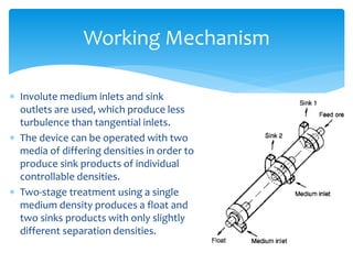 Working Mechanism
 Involute medium inlets and sink
outlets are used, which produce less
turbulence than tangential inlets.
 The device can be operated with two
media of differing densities in order to
produce sink products of individual
controllable densities.
 Two-stage treatment using a single
medium density produces a float and
two sinks products with only slightly
different separation densities.
 