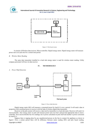 ISSN: 2319-8753
International Journal of Innovative Research in Science, Engineering and Technology
Vol. 2, Issue 4, April 2013
Copyright to IJIRSET www.ijirset.com 1116
Figure 3: Pole based system
It consists of Wireless data receiver, Micro-controller, Digital energy meter. Digital energy meter will measure
power sent over each line for a certain time period.
B. Wireless Meter Reading
The same data transmitter installed in a load side energy meter is used for wireless meter reading. Utility
company personnel will have its data receiver.
IV. METHODOLOGY
A. Power Theft Detection
Figure 4: Power theft detection
Digital energy meter (M1) will measure a consumed power by load (L1) over a period. It will send a data in
proportion with consumed power to receiver with the help of wireless digital data transmitter.
Receiver on the pole system will receive a data sent by transmitter in a load side meter. Receiver will send it to
microcontroller. Also energy meter on pole will measure power sent over line1 and provide appropriate data to micro-
controller. Now microcontroller has two readings one is power calculated on pole itself and another is power consumed
by load (L1).
Suppose there is tapping done by any unauthorized person on the line to connect his appliance as shown in
figure1. Over a certain period there will be difference between meter reading (M1) and pole based reading.
 