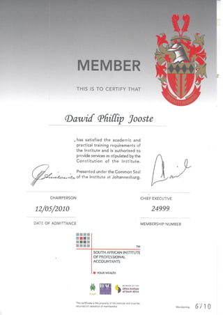 DP Jooste - SAIPA Certificate