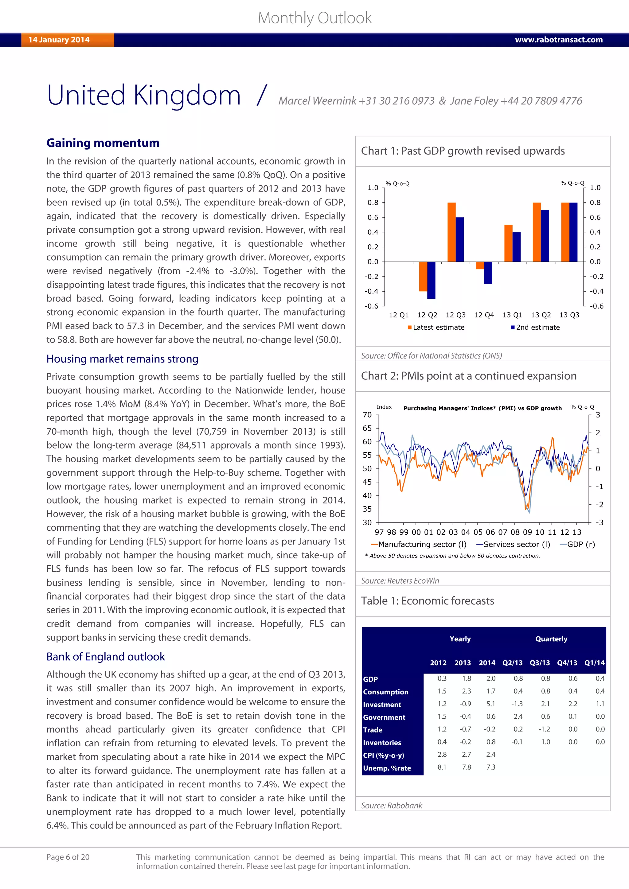 Page 6 of 20 This marketing communication cannot be deemed as being impartial. This means that RI can act or may have acted on the
information contained therein. Please see last page for important information.
Monthly Outlook
14 January 2014 www.rabotransact.com
United Kingdom
Gaining momentum
In the revision of the quarterly national accounts, economic growth in
the third quarter of 2013 remained the same (0.8% QoQ). On a positive
note, the GDP growth figures of past quarters of 2012 and 2013 have
been revised up (in total 0.5%). The expenditure break-down of GDP,
again, indicated that the recovery is domestically driven. Especially
private consumption got a strong upward revision. However, with real
income growth still being negative, it is questionable whether
consumption can remain the primary growth driver. Moreover, exports
were revised negatively (from -2.4% to -3.0%). Together with the
disappointing latest trade figures, this indicates that the recovery is not
broad based. Going forward, leading indicators keep pointing at a
strong economic expansion in the fourth quarter. The manufacturing
PMI eased back to 57.3 in December, and the services PMI went down
to 58.8. Both are however far above the neutral, no-change level (50.0).
Housing market remains strong
Private consumption growth seems to be partially fuelled by the still
buoyant housing market. According to the Nationwide lender, house
prices rose 1.4% MoM (8.4% YoY) in December. What’s more, the BoE
reported that mortgage approvals in the same month increased to a
70-month high, though the level (70,759 in November 2013) is still
below the long-term average (84,511 approvals a month since 1993).
The housing market developments seem to be partially caused by the
government support through the Help-to-Buy scheme. Together with
low mortgage rates, lower unemployment and an improved economic
outlook, the housing market is expected to remain strong in 2014.
However, the risk of a housing market bubble is growing, with the BoE
commenting that they are watching the developments closely. The end
of Funding for Lending (FLS) support for home loans as per January 1st
will probably not hamper the housing market much, since take-up of
FLS funds has been low so far. The refocus of FLS support towards
business lending is sensible, since in November, lending to non-
financial corporates had their biggest drop since the start of the data
series in 2011. With the improving economic outlook, it is expected that
credit demand from companies will increase. Hopefully, FLS can
support banks in servicing these credit demands.
Bank of England outlook
Although the UK economy has shifted up a gear, at the end of Q3 2013,
it was still smaller than its 2007 high. An improvement in exports,
investment and consumer confidence would be welcome to ensure the
recovery is broad based. The BoE is set to retain dovish tone in the
months ahead particularly given its greater confidence that CPI
inflation can refrain from returning to elevated levels. To prevent the
market from speculating about a rate hike in 2014 we expect the MPC
to alter its forward guidance. The unemployment rate has fallen at a
faster rate than anticipated in recent months to 7.4%. We expect the
Bank to indicate that it will not start to consider a rate hike until the
unemployment rate has dropped to a much lower level, potentially
6.4%. This could be announced as part of the February Inflation Report.
Chart 1: Past GDP growth revised upwards
-0.6
-0.4
-0.2
0.0
0.2
0.4
0.6
0.8
1.0
-0.6
-0.4
-0.2
0.0
0.2
0.4
0.6
0.8
1.0
12 Q1 12 Q2 12 Q3 12 Q4 13 Q1 13 Q2 13 Q3
Latest estimate 2nd estimate
% Q-o-Q % Q-o-Q
Source: Office for National Statistics (ONS)
Chart 2: PMIs point at a continued expansion
-3
-2
-1
0
1
2
3
30
35
40
45
50
55
60
65
70
97 98 99 00 01 02 03 04 05 06 07 08 09 10 11 12 13
Manufacturing sector (l) Services sector (l) GDP (r)
Index % Q-o-QPurchasing Managers' Indices* (PMI) vs GDP growth
* Above 50 denotes expansion and below 50 denotes contraction.
Source: Reuters EcoWin
Table 1: Economic forecasts
2012 2013 2014 Q2/13 Q3/13 Q4/13 Q1/14
GDP 0.3 1.8 2.0 0.8 0.8 0.6 0.4
Consumption 1.5 2.3 1.7 0.4 0.8 0.4 0.4
Investment 1.2 -0.9 5.1 -1.3 2.1 2.2 1.1
Government 1.5 -0.4 0.6 2.4 0.6 0.1 0.0
Trade 1.2 -0.7 -0.2 0.2 -1.2 0.0 0.0
Inventories 0.4 -0.2 0.8 -0.1 1.0 0.0 0.0
CPI (%y-o-y) 2.8 2.7 2.4
Unemp. %rate 8.1 7.8 7.3
Yearly Quarterly
Source: Rabobank
/ Marcel Weernink +31 30 216 0973 & Jane Foley +44 20 7809 4776
 