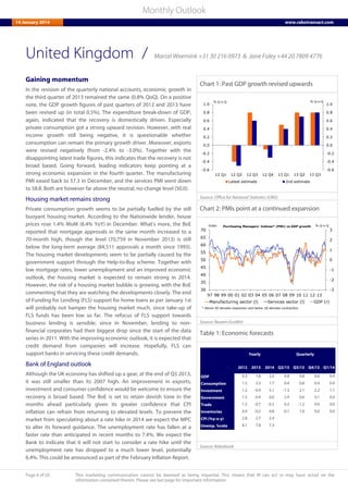 Page 6 of 20 This marketing communication cannot be deemed as being impartial. This means that RI can act or may have acted on the
information contained therein. Please see last page for important information.
Monthly Outlook
14 January 2014 www.rabotransact.com
United Kingdom
Gaining momentum
In the revision of the quarterly national accounts, economic growth in
the third quarter of 2013 remained the same (0.8% QoQ). On a positive
note, the GDP growth figures of past quarters of 2012 and 2013 have
been revised up (in total 0.5%). The expenditure break-down of GDP,
again, indicated that the recovery is domestically driven. Especially
private consumption got a strong upward revision. However, with real
income growth still being negative, it is questionable whether
consumption can remain the primary growth driver. Moreover, exports
were revised negatively (from -2.4% to -3.0%). Together with the
disappointing latest trade figures, this indicates that the recovery is not
broad based. Going forward, leading indicators keep pointing at a
strong economic expansion in the fourth quarter. The manufacturing
PMI eased back to 57.3 in December, and the services PMI went down
to 58.8. Both are however far above the neutral, no-change level (50.0).
Housing market remains strong
Private consumption growth seems to be partially fuelled by the still
buoyant housing market. According to the Nationwide lender, house
prices rose 1.4% MoM (8.4% YoY) in December. What’s more, the BoE
reported that mortgage approvals in the same month increased to a
70-month high, though the level (70,759 in November 2013) is still
below the long-term average (84,511 approvals a month since 1993).
The housing market developments seem to be partially caused by the
government support through the Help-to-Buy scheme. Together with
low mortgage rates, lower unemployment and an improved economic
outlook, the housing market is expected to remain strong in 2014.
However, the risk of a housing market bubble is growing, with the BoE
commenting that they are watching the developments closely. The end
of Funding for Lending (FLS) support for home loans as per January 1st
will probably not hamper the housing market much, since take-up of
FLS funds has been low so far. The refocus of FLS support towards
business lending is sensible, since in November, lending to non-
financial corporates had their biggest drop since the start of the data
series in 2011. With the improving economic outlook, it is expected that
credit demand from companies will increase. Hopefully, FLS can
support banks in servicing these credit demands.
Bank of England outlook
Although the UK economy has shifted up a gear, at the end of Q3 2013,
it was still smaller than its 2007 high. An improvement in exports,
investment and consumer confidence would be welcome to ensure the
recovery is broad based. The BoE is set to retain dovish tone in the
months ahead particularly given its greater confidence that CPI
inflation can refrain from returning to elevated levels. To prevent the
market from speculating about a rate hike in 2014 we expect the MPC
to alter its forward guidance. The unemployment rate has fallen at a
faster rate than anticipated in recent months to 7.4%. We expect the
Bank to indicate that it will not start to consider a rate hike until the
unemployment rate has dropped to a much lower level, potentially
6.4%. This could be announced as part of the February Inflation Report.
Chart 1: Past GDP growth revised upwards
-0.6
-0.4
-0.2
0.0
0.2
0.4
0.6
0.8
1.0
-0.6
-0.4
-0.2
0.0
0.2
0.4
0.6
0.8
1.0
12 Q1 12 Q2 12 Q3 12 Q4 13 Q1 13 Q2 13 Q3
Latest estimate 2nd estimate
% Q-o-Q % Q-o-Q
Source: Office for National Statistics (ONS)
Chart 2: PMIs point at a continued expansion
-3
-2
-1
0
1
2
3
30
35
40
45
50
55
60
65
70
97 98 99 00 01 02 03 04 05 06 07 08 09 10 11 12 13
Manufacturing sector (l) Services sector (l) GDP (r)
Index % Q-o-QPurchasing Managers' Indices* (PMI) vs GDP growth
* Above 50 denotes expansion and below 50 denotes contraction.
Source: Reuters EcoWin
Table 1: Economic forecasts
2012 2013 2014 Q2/13 Q3/13 Q4/13 Q1/14
GDP 0.3 1.8 2.0 0.8 0.8 0.6 0.4
Consumption 1.5 2.3 1.7 0.4 0.8 0.4 0.4
Investment 1.2 -0.9 5.1 -1.3 2.1 2.2 1.1
Government 1.5 -0.4 0.6 2.4 0.6 0.1 0.0
Trade 1.2 -0.7 -0.2 0.2 -1.2 0.0 0.0
Inventories 0.4 -0.2 0.8 -0.1 1.0 0.0 0.0
CPI (%y-o-y) 2.8 2.7 2.4
Unemp. %rate 8.1 7.8 7.3
Yearly Quarterly
Source: Rabobank
/ Marcel Weernink +31 30 216 0973 & Jane Foley +44 20 7809 4776
 