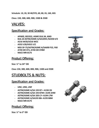 Schedule: 10, 20, 30 40/STD, 60, 80, XS, 160, XXS
Class: 150, 300, 600, 900, 1500 & 2500
VALVES:
Specification and Grades:







API602, BS5352, ASME B16.34, ANSI
B16.10 ASTM/ASME A/SA105N /SA350 LF2
A216 WCB/A216 WCC
A352 LCB/A352 LCC
MSS SP-75/ASTM/ASME A/SA690 F52, F60
A744 GR CF3, A744 GR CF8M
NACE MR-0175
Product Offering:
Size: ½” to 24” OD
Class 150, 300, 600, 800, 900, 1500 and 2500
STUDBOLTS & NUTS:
Specification and Grades:






UNC, UNS, UNF
ASTM/ASME A/SA 193 B7 + A194 2H
ASTM/ASME A/SA 193 B7M+ A194 2HM
ASTM/ASME A/SA 320 L7+ A194 L7M
ASTM/ASME A/SA193 B8+ A193 B8M
NACE MR-0175
Product Offering:
Size: ½” to 3” OD
 