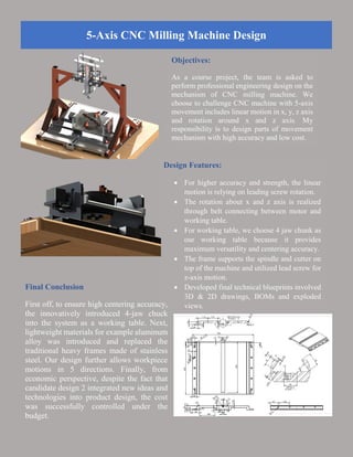 5-Axis CNC Milling Machine Design
Objectives:
As a course project, the team is asked to
perform professional engineering design on the
mechanism of CNC milling machine. We
choose to challenge CNC machine with 5-axis
movement includes linear motion in x, y, z axis
and rotation around x and z axis. My
responsibility is to design parts of movement
mechanism with high accuracy and low cost.
Design Features:
 For higher accuracy and strength, the linear
motion is relying on leading screw rotation.
 The rotation about x and z axis is realized
through belt connecting between motor and
working table.
 For working table, we choose 4 jaw chunk as
our working table because it provides
maximum versatility and centering accuracy.
 The frame supports the spindle and cutter on
top of the machine and utilized lead screw for
z-axis motion.
 Developed final technical blueprints involved
3D & 2D drawings, BOMs and exploded
views.
Final Conclusion
First off, to ensure high centering accuracy,
the innovatively introduced 4-jaw chuck
into the system as a working table. Next,
lightweight materials for example aluminum
alloy was introduced and replaced the
traditional heavy frames made of stainless
steel. Our design further allows workpiece
motions in 5 directions. Finally, from
economic perspective, despite the fact that
candidate design 2 integrated new ideas and
technologies into product design, the cost
was successfully controlled under the
budget.
 