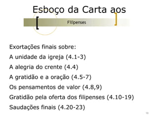 Esboço da Carta aos
Exortações finais sobre:
A unidade da igreja (4.1-3)
A alegria do crente (4.4)
A gratidão e a oração (4.5-7)
Os pensamentos de valor (4.8,9)
Gratidão pela oferta dos filipenses (4.10-19)
Saudações finais (4.20-23)
16
 
