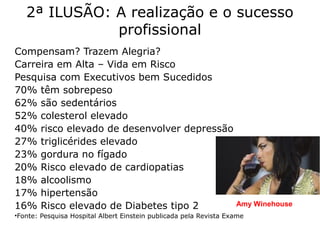 2ª ILUSÃO: A realização e o sucesso
profissional
Compensam? Trazem Alegria?
Carreira em Alta – Vida em Risco
Pesquisa com Executivos bem Sucedidos
70% têm sobrepeso
62% são sedentários
52% colesterol elevado
40% risco elevado de desenvolver depressão
27% triglicérides elevado
23% gordura no fígado
20% Risco elevado de cardiopatias
18% alcoolismo
17% hipertensão
16% Risco elevado de Diabetes tipo 2
•Fonte: Pesquisa Hospital Albert Einstein publicada pela Revista Exame
Amy Winehouse
 