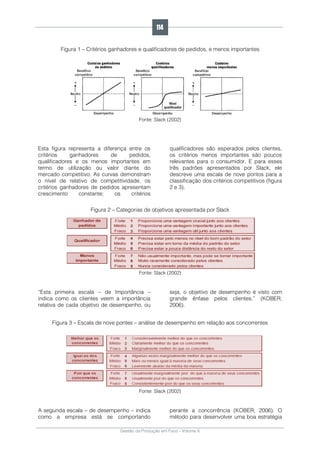 Gestão da Produção em Foco - Volume 6
Figura 1 – Critérios ganhadores e qualificadores de pedidos, e menos importantes
Fonte: Slack (2002)
Esta figura representa a diferença entre os
critérios ganhadores de pedidos,
qualificadores e os menos importantes em
termo de utilização ou valor diante do
mercado competitivo. As curvas demonstram
o nível de relativo de competitividade, os
critérios ganhadores de pedidos apresentam
crescimento constante; os critérios
qualificadores são esperados pelos clientes,
os critérios menos importantes são poucos
relevantes para o consumidor. E para esses
três padrões apresentados por Slack, ele
descreve uma escala de nove pontos para a
classificação dos critérios competitivos (figura
2 e 3).
Figura 2 – Categorias de objetivos apresentada por Slack
Fonte: Slack (2002)
“Esta primeira escala – de Importância –
indica como os clientes veem a importância
relativa de cada objetivo de desempenho, ou
seja, o objetivo de desempenho é visto com
grande ênfase pelos clientes.” (KOBER,
2006).
Figura 3 – Escala de nove pontes – análise de desempenho em relação aos concorrentes
Fonte: Slack (2002)
A segunda escala – de desempenho – indica
como a empresa está se comportando
perante a concorrência (KOBER, 2006). O
método para desenvolver uma boa estratégia
114
 