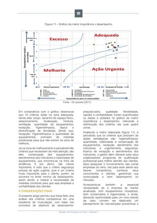 Gestão da Produção em Foco - Volume 6
Figura 11 – Gráfico da matriz importância x desempenho
Fonte – Os autores (2017)
Em consonância com o gráfico observa-se
que 10 critérios estão na zona adequada,
sendo eles: preço, tamanho do espaço físico,
estacionamento, localização, horários,
ventilação, quantidade de equipamentos,
recepção, higiene/limpeza, layout e
diversificação de atividades. Sendo que,
recepção, higiene/limpeza e quantidade de
equipamentos, precisam de medidas
preventivas para que não entrem na zona de
melhoria.
Já na zona de melhoramento é percebível três
critérios que necessitam de mais atenção, são
eles: conservação dos equipamentos,
atendimentos dos instrutores e rotatividade de
equipamentos, que encontra-se na linha de
tendência. E por último, não menos
importante, é visto que o critério segurança
precisa de ação urgente, pois é um critério
muito importante para o cliente, porém, se
encontra no limite mínimo de desempenho,
assim sendo, é notável a necessidade de
medidas corretivas para que seja ampliada a
confiabilidade dos clientes.
6 CONSIDERAÇÕES FINAIS
O presente artigo permitiu que fosse feito uma
análise dos critérios competitivos em uma
academia de musculação, com base nos
conceitos de objetivos de desempenho:
preços/custos, qualidade, flexibilidade,
rapidez e confiabilidade. Foram quantificados
os dados e plotados no gráfico da matriz
importância x desempenho, indicando a
distribuição dos critérios nas suas quatro
zonas.
Avaliando a matriz elaborada (figura 11), é
percebido que os critérios que precisam de
ações estratégicas são: higiene/limpeza,
quantidade, rotatividade e conservação de
equipamentos, recepção, atendimento dos
instrutores, e urgentemente, segurança.
Acerca de recepção e atendimentos dos
instrutores, o gestor além oferecer para seus
colaboradores programas de qualificação
profissional para melhor atender aos clientes,
deve pesquisar o funcionamento das outras
empresas do ramo, isto para estar atento aos
fatores competitivos, conhecer seus
concorrentes e clientes, garantindo sua
continuidade e bom desempenho no
mercado.
Acrescenta-se também a essencial
necessidade de a empresa se manter
atualizada, com equipamentos inovadores,
bem conservados e higienizados, e ainda,
deixando oportunidade para um novo estudo
de caso, convém ser elaborado um
planejamento de manutenções preventivas e
121
 