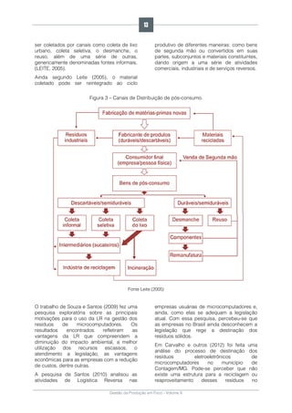 Gestão da Produção em Foco - Volume 6
ser coletados por canais como coleta de lixo
urbano, coleta seletiva, o desmanche, o
reuso, além de uma série de outras,
genericamente denominadas fontes informais.
(LEITE, 2005).
Ainda segundo Leite (2005), o material
coletado pode ser reintegrado ao ciclo
produtivo de diferentes maneiras: como bens
de segunda mão ou convertidos em suas
partes, subconjuntos e materiais constituintes,
dando origem a uma série de atividades
comerciais, industriais e de serviços reversos.
Figura 3 – Canais de Distribuição de pós-consumo.
Fonte Leite (2005)
O trabalho de Souza e Santos (2009) fez uma
pesquisa exploratória sobre as principais
motivações para o uso da LR na gestão dos
resíduos de microcomputadores. Os
resultados encontrados refletiram as
vantagens da LR que compreendem a
diminuição do impacto ambiental, a melhor
utilização dos recursos escassos, o
atendimento a legislação, as vantagens
econômicas para as empresas com a redução
de custos, dentre outras.
A pesquisa de Santos (2010) analisou as
atividades de Logística Reversa nas
empresas usuárias de microcomputadores e,
ainda, como elas se adequam a legislação
atual. Com essa pesquisa, percebeu-se que
as empresas no Brasil ainda desconhecem a
legislação que rege a destinação dos
resíduos sólidos.
Em Carvalho e outros (2012) foi feita uma
análise do processo de destinação dos
resíduos eletroeletrônicos de
microcomputadores no município de
Contagem/MG. Pode-se perceber que não
existe uma estrutura para a reciclagem ou
reaproveitamento desses resíduos no
13
 