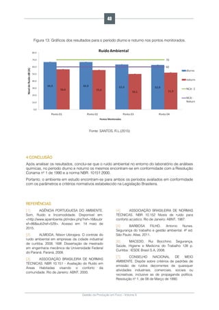 Gestão da Produção em Foco - Volume 6
Figura 13. Gráficos dos resultados para o período diurno e noturno nos pontos monitorados.
Fonte: SANTOS, R.L.(2015)
4 CONCLUSÃO
Após analisar os resultados, conclui-se que o ruído ambiental no entorno do laboratório de análises
químicas, no período diurno e noturno os mesmos encontram-se em conformidade com a Resolução
Conama nº 1 de 1990 e a norma NBR. 10151:2000.
Portanto, o ambiente em estudo encontram-se para ambos os períodos avaliados em conformidade
com os parâmetros e critérios normativos estabelecido na Legislação Brasileira.
REFERÊNCIAS
[1]. AGÊNCIA PORTUGUESA DO AMBIENTE.
Som, Ruído e Incomodidade. Disponível em:
<http://www.apambiente.pt/index.php?ref=16&subr
ef=86&sub2ref=529>. Acesso em: 14 maio de
2015.
[2]. ALMEIDA, Nilson Ubirajara. O controle do
ruído ambiental em empresas da cidade industrial
de curitiba. 2008. 168f. Dissertação de mestrado
em engenharia mecânica da Universidade Federal
do Paraná. Paraná, 2008.
[3]. ASSOCIAÇÃO BRASILEIRA DE NORMAS
TÉCNICAS. NBR 10.151 - Avaliação do Ruído em
Áreas Habitadas visando o conforto da
comunidade. Rio de Janeiro: ABNT, 2000.
[4]. ASSOCIAÇÃO BRASILEIRA DE NORMAS
TÉCNICAS. NBR 10.152 Níveis de ruído para
conforto acústico. Rio de Janeiro: ABNT, 1987.
[5]. BARBOSA FILHO, Antonio Nunes.
Segurança do trabalho e gestão ambiental. 4ª ed.
São Paulo: Atlas, 2011.
[6]. MACEDO, Rui Bocchino. Segurança,
Saúde, Higiene e Medicina do Trabalho 128 p.
Curitiba : IESDE Brasil S.A, 2008.
[7]. CONSELHO NACIONAL DE MEIO
AMBIENTE. Dispõe sobre critérios de padrões de
emissão de ruídos decorrentes de quaisquer
atividades industriais, comerciais, sociais ou
recreativas, inclusive as de propaganda política.
Resolução nº 1, de 08 de Março de 1990.
40
 