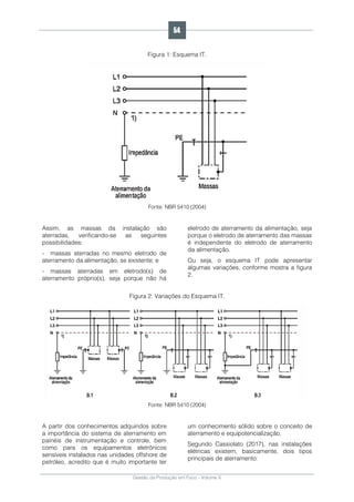 Gestão da Produção em Foco - Volume 6
Figura 1: Esquema IT.
Fonte: NBR 5410 (2004)
Assim, as massas da instalação são
aterradas, verificando-se as seguintes
possibilidades:
- massas aterradas no mesmo eletrodo de
aterramento da alimentação, se existente; e
- massas aterradas em eletrodo(s) de
aterramento próprio(s), seja porque não há
eletrodo de aterramento da alimentação, seja
porque o eletrodo de aterramento das massas
é independente do eletrodo de aterramento
da alimentação.
Ou seja, o esquema IT pode apresentar
algumas variações, conforme mostra a figura
2.
Figura 2: Variações do Esquema IT.
Fonte: NBR 5410 (2004)
A partir dos conhecimentos adquiridos sobre
a importância do sistema de aterramento em
painéis de instrumentação e controle, bem
como para os equipamentos eletrônicos
sensíveis instalados nas unidades offshore de
petróleo, acredito que é muito importante ter
um conhecimento sólido sobre o conceito de
aterramento e equipotencialização.
Segundo Cassiolato (2017), nas instalações
elétricas existem, basicamente, dois tipos
principais de aterramento:
54
 