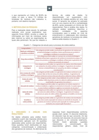 Gestão da Produção em Foco - Volume 6
o que representa um índice de 90,8% de
coleta no país, e deixa 7,3 milhões de
toneladas de resíduos não coletados e,
portanto, com destino impróprio.
3. METODOLOGIA DA PESQUISA
Para a realização deste estudo, foi aplicada
realizada uma survey exploratória, que,
segundo Forza (2002), envolve a coleta de
informações por meio de indivíduos sobre
eles mesmos ou sobre as organizações às
quais eles pertencem. No que diz respeito a
técnica de coleta de dados, foi
disponibilizado um questionário com
respostas de múltipla escolha em uma rede
social. O tamanho da amostra foi estimado
com um erro máximo de 5% e confiabilidade
de 80%, sendo necessário um mínimo de 164
respondentes. Para a análise dos dados, foi
utilizada análise estatística descritiva e
também correlação. Os aspectos
considerados para a análise do nível de
entendimento e colaboração dos indivíduos
geradores de resíduos no processo de coleta
seletiva estão listados no Quadro 1.
Quadro 1 – Categorias de estudo para o processo de coleta seletiva.
4. DISCUSSÃO E ANÁLISE DOS
RESULTADOS
Os dados utilizados para análise foram
coletados a partir das respostas obtidas para
o questionário aplicado com 20 questões
elaboradas pelos autores aos respondentes.
Estas questões foram distribuídas em duas
categorias: conscientização e colaboração
dos geradores de resíduos. As alternativas de
respostas foram disponibilizadas conforme
escala Likert, sendo: (1) discordo totalmente,
(2) discordo mais do que concordo, (3) não
concordo nem discordo, (4) concordo mais do
que discordo e (5) concordo totalmente.
Também foram aplicadas questões
relacionadas a caracterização dos
respondentes: gênero, idade, nível de
64
 
