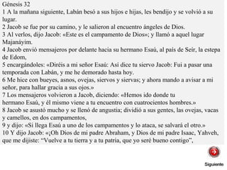 Génesis 32
1 A la mañana siguiente, Labán besó a sus hijos e hijas, les bendijo y se volvió a su
lugar.
2 Jacob se fue por su camino, y le salieron al encuentro ángeles de Dios.
3 Al verlos, dijo Jacob: «Este es el campamento de Dios»; y llamó a aquel lugar
Majanáyim.
4 Jacob envió mensajeros por delante hacia su hermano Esaú, al país de Seír, la estepa
de Edom,
5 encargándoles: «Diréis a mi señor Esaú: Así dice tu siervo Jacob: Fui a pasar una
temporada con Labán, y me he demorado hasta hoy.
6 Me hice con bueyes, asnos, ovejas, siervos y siervas; y ahora mando a avisar a mi
señor, para hallar gracia a sus ojos.»
7 Los mensajeros volvieron a Jacob, diciendo: «Hemos ido donde tu
hermano Esaú, y él mismo viene a tu encuentro con cuatrocientos hombres.»
8 Jacob se asustó mucho y se llenó de angustia; dividió a sus gentes, las ovejas, vacas
y camellos, en dos campamentos,
9 y dijo: «Si llega Esaú a uno de los campamentos y lo ataca, se salvará el otro.»
10 Y dijo Jacob: «¡Oh Dios de mi padre Abraham, y Dios de mi padre Isaac, Yahveh,
que me dijiste: “Vuelve a tu tierra y a tu patria, que yo seré bueno contigo”,
 