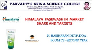 HIMALAYA FASEWASH IN MARKET
SHARE AND TARGETS
N. HARIHARAN DDTP.,DOA ,
BCOM CS -SECOND YEAR
 