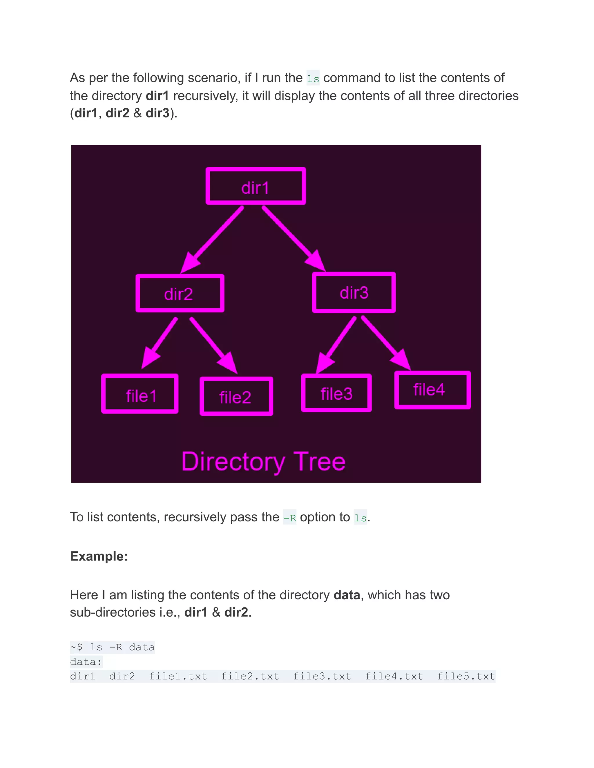 As per the following scenario, if I run the ls command to list the contents of
the directory dir1 recursively, it will display the contents of all three directories
(dir1, dir2 & dir3).
To list contents, recursively pass the -R option to ls.
Example:
Here I am listing the contents of the directory data, which has two
sub-directories i.e., dir1 & dir2.
~$ ls -R data
data:
dir1 dir2 file1.txt file2.txt file3.txt file4.txt file5.txt
 