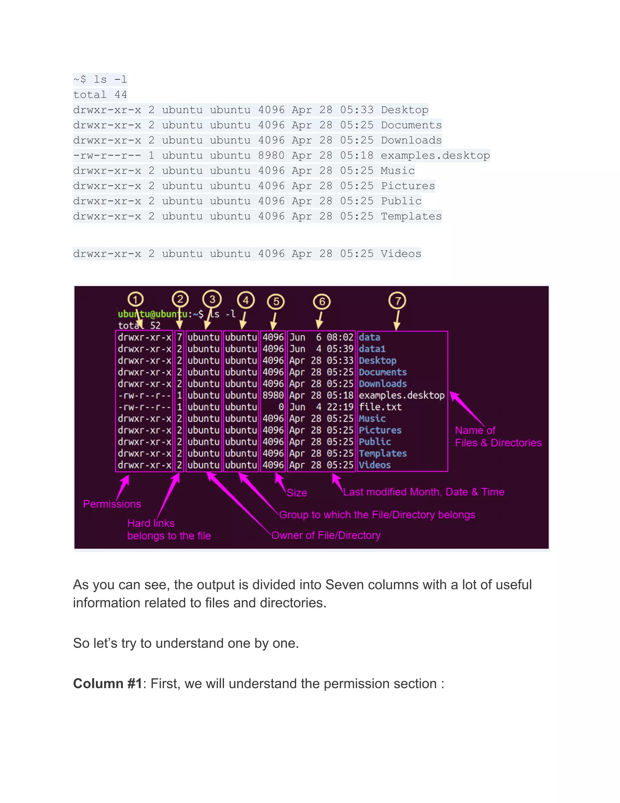 ~$ ls -l
total 44
drwxr-xr-x 2 ubuntu ubuntu 4096 Apr 28 05:33 Desktop
drwxr-xr-x 2 ubuntu ubuntu 4096 Apr 28 05:25 Documents
drwxr-xr-x 2 ubuntu ubuntu 4096 Apr 28 05:25 Downloads
-rw-r--r-- 1 ubuntu ubuntu 8980 Apr 28 05:18 examples.desktop
drwxr-xr-x 2 ubuntu ubuntu 4096 Apr 28 05:25 Music
drwxr-xr-x 2 ubuntu ubuntu 4096 Apr 28 05:25 Pictures
drwxr-xr-x 2 ubuntu ubuntu 4096 Apr 28 05:25 Public
drwxr-xr-x 2 ubuntu ubuntu 4096 Apr 28 05:25 Templates
drwxr-xr-x 2 ubuntu ubuntu 4096 Apr 28 05:25 Videos
As you can see, the output is divided into Seven columns with a lot of useful
information related to files and directories.
So let’s try to understand one by one.
Column #1: First, we will understand the permission section :
 