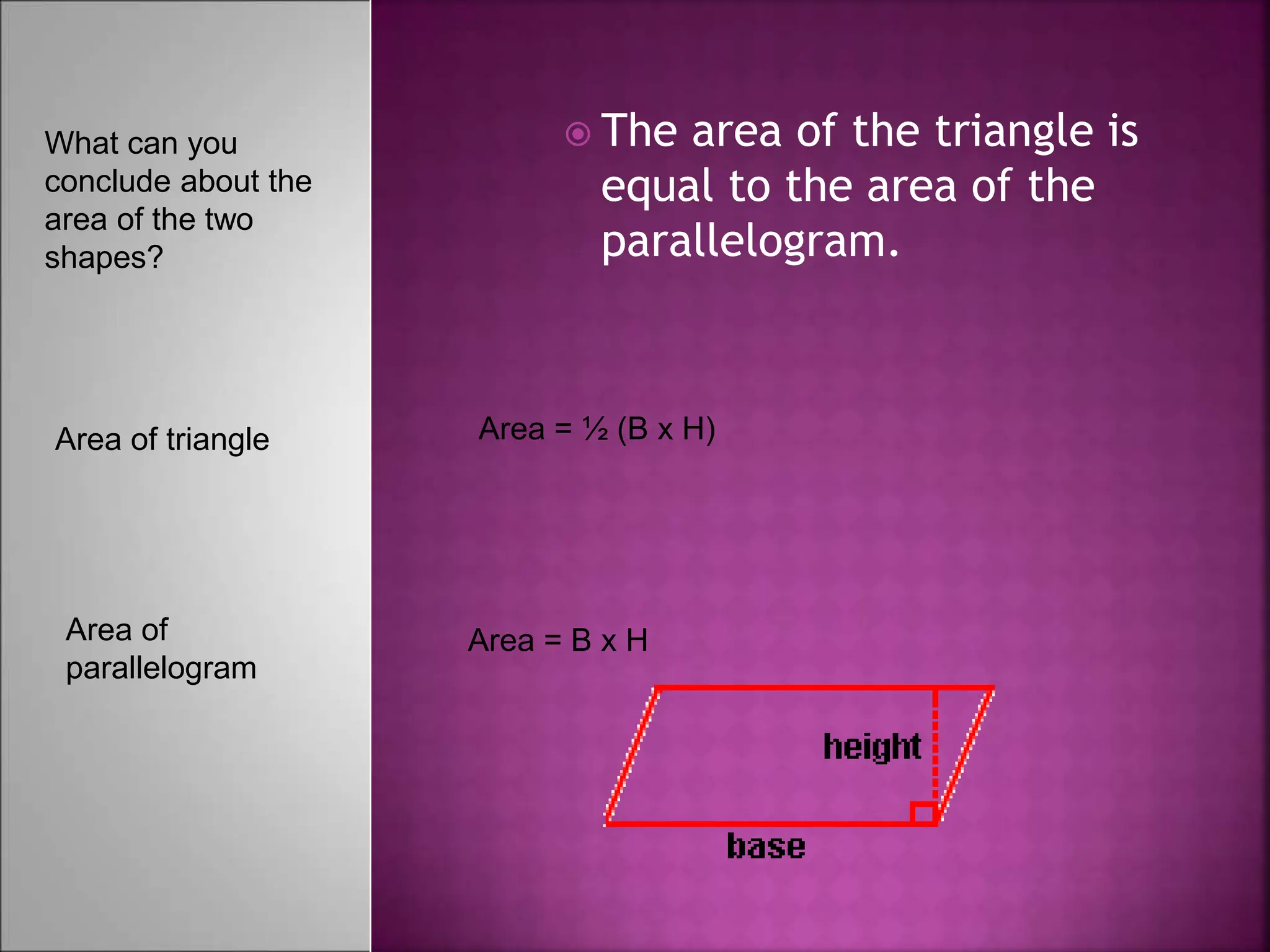  The area of the triangle is
equal to the area of the
parallelogram.
What can you
conclude about the
area of the two
shapes?
Area of triangle Area = ½ (B x H)
Area of
parallelogram
Area = B x H
 