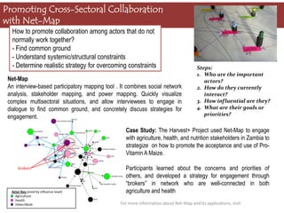 Promoting Cross-Sectoral Collaboration
with Net-Map
   How to promote collaboration among actors that do not
   normally work together?
   - Find common ground
   - Understand systemic/structural constraints
   - Determine realistic strategy for overcoming constraints                           Steps:
                                                                                       1. Who are the important
 Net-Map                                                                                  actors?
 An interview-based participatory mapping tool . It combines social network            2. How do they currently
 analysis, stakeholder mapping, and power mapping. Quickly visualize                      interact?
 complex multisectoral situations, and allow interviewees to engage in                 3. How influential are they?
 dialogue to find common ground, and concretely discuss strategies for                 4. What are their goals or
 engagement.                                                                              priorities?

                                                   Case Study: The Harvest+ Project used Net-Map to engage
                                                   with agriculture, health, and nutrition stakeholders in Zambia to
                                                   strategize on how to promote the acceptance and use of Pro-
                                                   Vitamin A Maize.

      brokers                                      Participants learned about the concerns and priorities of
                                                   others, and developed a strategy for engagement through
                                                   “brokers” in network who are well-connected in both
  Actor Key (sized by influence level)             agriculture and health
    Agriculture
    Health
    Other/Multi                                 For more information about Net-Map and its applications, visit:
 