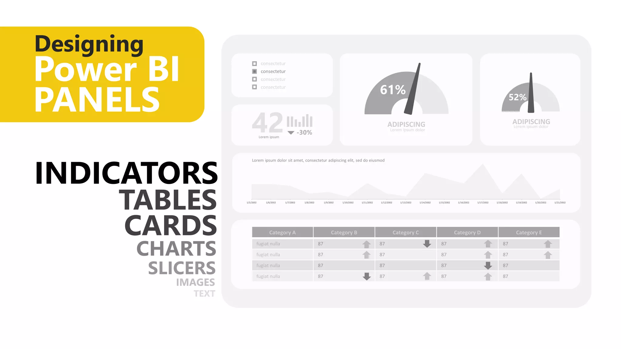 Designing
Power BI
PANELS
INDICATORS
61% 52%
1/5/2002 1/6/2002 1/7/2002 1/8/2002 1/9/2002 1/10/2002 1/11/2002 1/12/2002 1/13/2002 1/14/2002 1/15/2002 1/16/2002 1/17/2002 1/18/2002 1/19/2002 1/20/2002 1/21/2002
 