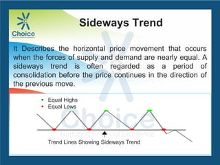 Sideways Trend
It Describes the horizontal price movement that occurs
when the forces of supply and demand are nearly equal. A
sideways trend is often regarded as a period of
consolidation before the price continues in the direction of
the previous move.
 Equal Highs
 Equal Lows
Trend Lines Showing Sideways Trend
 