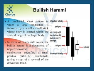 Bullish Harami
 A candlestick chart pattern in
which a large candlestick is
followed by a smaller candlestick
whose body is located within the
vertical range of the larger body.
 In terms of candlestick colors, the
bullish harami is a downtrend of
negative-colored (RED)
candlesticks engulfing a small
positive (GREEN) candlestick,
giving a sign of a reversal of the
downward trend.
 