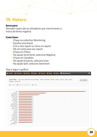 28
19. Haters:
Serve para:
Descobrir quais são os utilizadores que mencionaram a
marca de forma negativa.
Como fazer:
	 • Clique na collection Monitoring;
	 • Escolha uma brand;
	 • Crie a new report ou clone um report;
	 • Dê um nome para seu report;
	 • Clique em Filters;
	 • Na opção Sentiments, selecione Negative;
	 • Clique em Variables
	 • Na opção Group by, selecione User.
	 • Na opção Split, selecione Sentiment
Veja a seguir o gráfico:
 