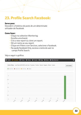 32
23. Profile Search Facebook:
Serve para:
Descobrir o histórico de posts de um determinado
utilizador do Facebook.
	
Como fazer:
	 • Clique na collection Monitoring;
	 • Escolha uma brand;
	 • Crie a new report ou clone um report;
	 • Dê um nome ao seu report;
	 • Clique em Filters e em Services, selecione o Facebook;
	 • Na opção Facebook Only, escreva o nome do user no 	
	 campo Profile Search.
Veja a seguir o gráfico:
 