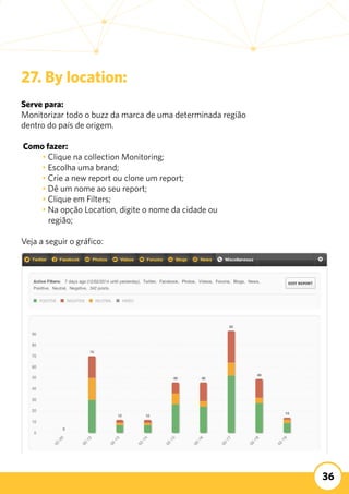 36
27. By location:
Serve para:
Monitorizar todo o buzz da marca de uma determinada região
dentro do país de origem.
Como fazer:	
	 • Clique na collection Monitoring;
	 • Escolha uma brand;
	 • Crie a new report ou clone um report;
	 • Dê um nome ao seu report;
	 • Clique em Filters;
	 • Na opção Location, digite o nome da cidade ou 		
	 região;
Veja a seguir o gráfico:
 