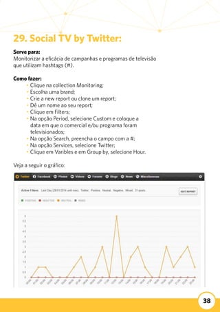 38
29. Social TV by Twitter:
Serve para:
Monitorizar a eficácia de campanhas e programas de televisão
que utilizam hashtags (#).
	
Como fazer:
	 • Clique na collection Monitoring;
	 • Escolha uma brand;
	 • Crie a new report ou clone um report;
	 • Dê um nome ao seu report;
	 • Clique em Filters;
	 • Na opção Period, selecione Custom e coloque a 		
	 data em que o comercial e/ou programa foram
	 televisionados;
	 • Na opção Search, preencha o campo com a #;
	 • Na opção Services, selecione Twitter;
	 • Clique em Varibles e em Group by, selecione Hour.
Veja a seguir o gráfico:
 