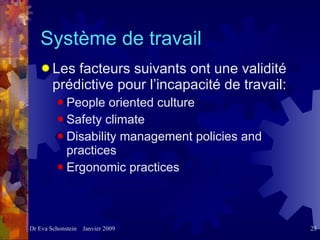 Système de travail Les facteurs suivants ont une validité prédictive pour l’incapacité de travail : People oriented culture Safety climate Disability management policies and practices Ergonomic practices 