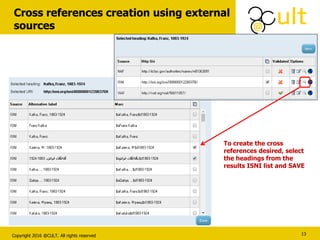 Copyright 2016 @CULT. All rights reserved
Cross references creation using external
sources
13
To create the cross
references desired, select
the headings from the
results ISNI list and SAVE
 
