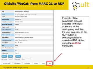 Copyright 2016 @CULT. All rights reserved
OliSuite/WeCat: from MARC 21 to RDF
21
Example of the
conversion process
activated in the ILS:
at the end of the
cataloguing workflow,
the user can click on the
RDF button to
convert/publish the
record as RDF triples,
using the ALIADA
framework
 