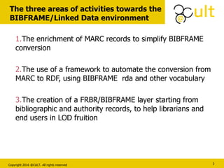 Copyright 2016 @CULT. All rights reserved
The three areas of activities towards the
BIBFRAME/Linked Data environment
3
1.The enrichment of MARC records to simplify BIBFRAME
conversion
2.The use of a framework to automate the conversion from
MARC to RDF, using BIBFRAME rda and other vocabulary
3.The creation of a FRBR/BIBFRAME layer starting from
bibliographic and authority records, to help librarians and
end users in LOD fruition
 