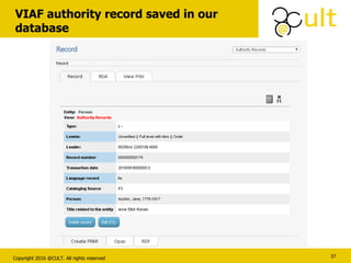 Copyright 2016 @CULT. All rights reserved
VIAF authority record saved in our
database
37
 